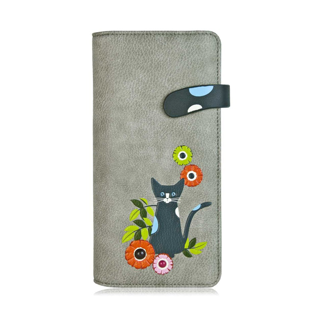 ESPE Bliss Vegan Leather Women's Long Wallet with Adorable Black Cat Appliqué