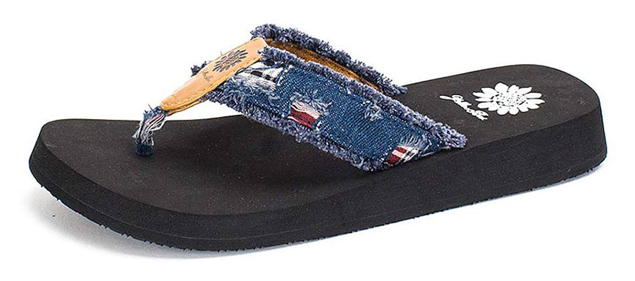 Yellow Box | FARIS Distressed Denim with Plaid Patch Flip Flops with EVA Sole