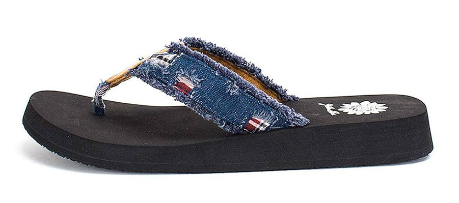 Yellow Box | FARIS Distressed Denim with Plaid Patch Flip Flops with EVA Sole