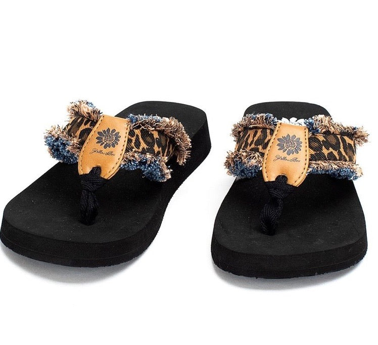 Yellow Box | FAYTH Cheetah Print and Fringe Flip Flops with EVA Sole