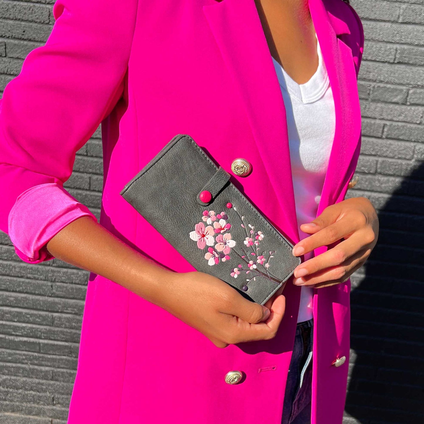 ESPE Gemma Vegan Leather Long Wallet with Cherry Blossom Appliqué