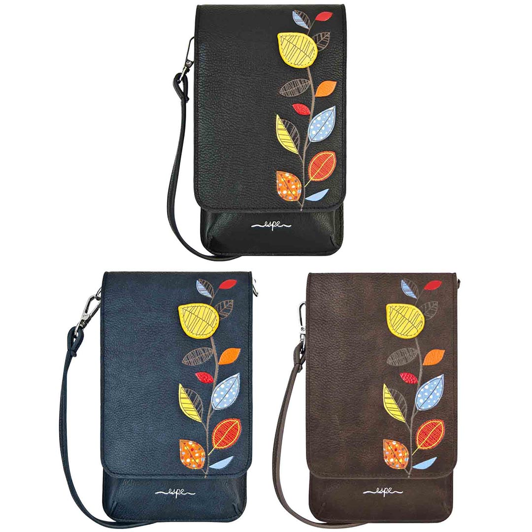 ESPE Maria RFID-Protected Vegan Leather Mini Cell Phone Purse with Autumn Leaf Motif