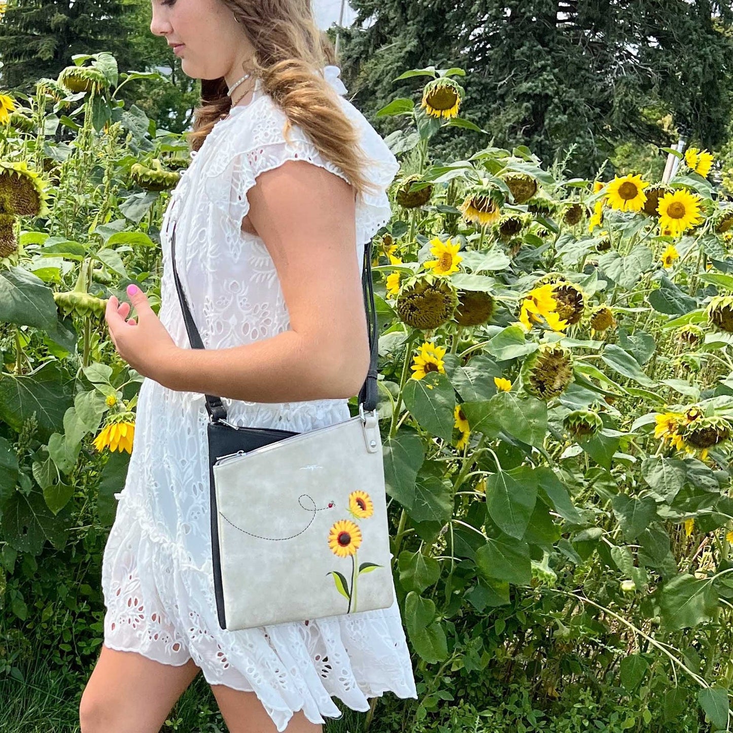 ESPE Sunflower Vegan Leather Messenger Handbag with Blooming Sunflower Motif