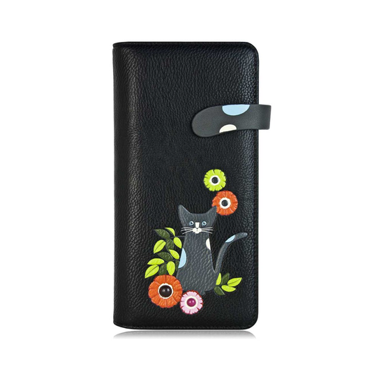 ESPE Bliss Vegan Leather Women's Long Wallet with Adorable Black Cat Appliqué