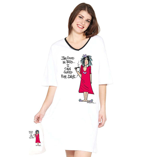 Emerson Street Clothing Co. | I'm Good In Bed. I Can Sleep For Days | Ladies Whimsical Nightshirt